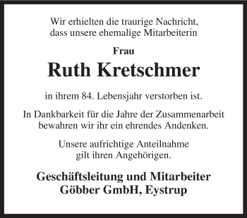 Todesanzeige von Ruth Kretschmer von KRZ