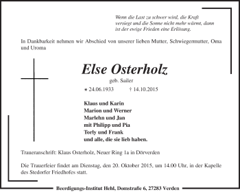 Todesanzeige von Else Osterholz von KRZ