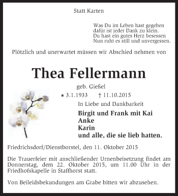 Todesanzeige von Thea Fellermann von KRZ