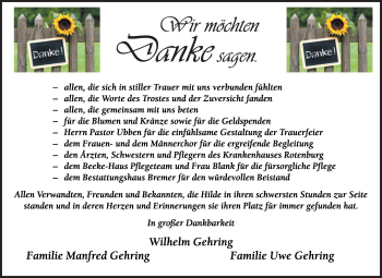 Todesanzeige von Hilde Gehring von KRZ