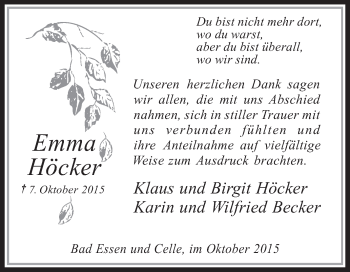 Todesanzeige von Emma Höcker von KRZ