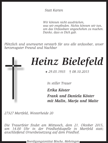 Todesanzeige von Heinz Bielefeld von KRZ
