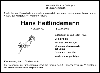 Todesanzeige von Hans Heiitlindemann von KRZ