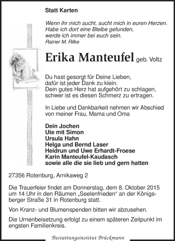 Todesanzeige von Erika Manteufel von KRZ