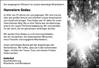 Todesanzeige von Hannelore Godau von KRZ