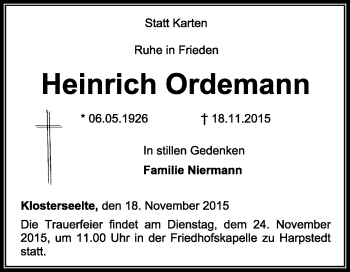 Todesanzeige von Heinrich Ordemann von KRZ