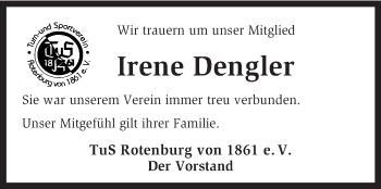 Todesanzeige von Irene Dengler von KRZ