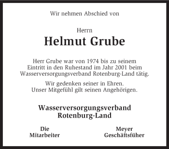 Todesanzeige von Helmut Grube von KRZ
