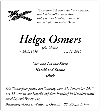 Todesanzeige von Helga Osmers von KRZ