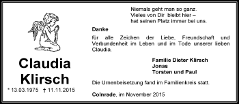 Todesanzeige von Claudia Klirsch von KRZ