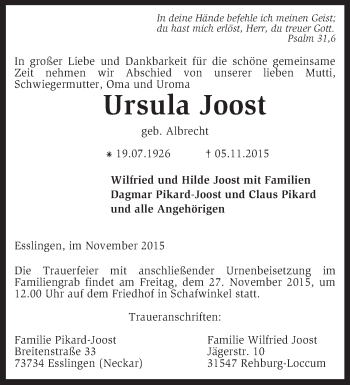 Todesanzeige von Ursula Joost von KRZ