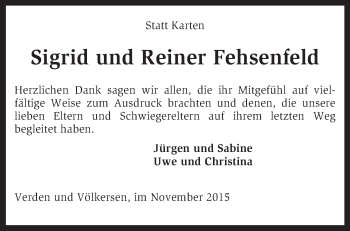Todesanzeige von Sigrid und Reiner Fehsenfeld von KRZ
