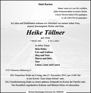 Todesanzeige von Heike Töllner von KRZ