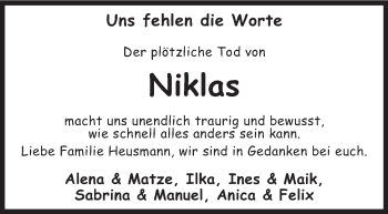 Todesanzeige von Niklas  von KRZ