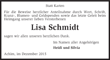 Todesanzeige von Lisa Schmidt von KRZ