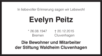 Todesanzeige von Evelyn Peitz von KRZ
