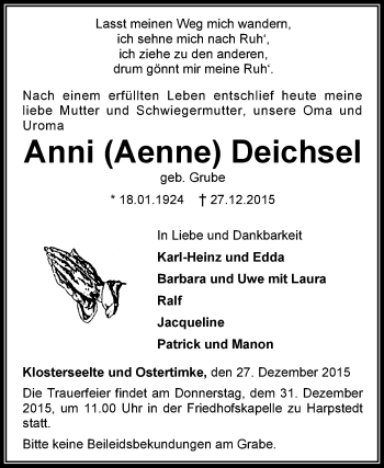 Todesanzeige von Anni Deichsel von KRZ