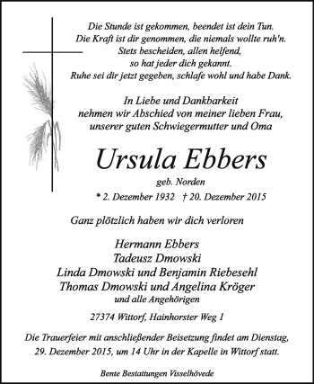 Todesanzeige von Ursula Ebbers von KRZ