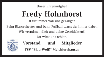 Todesanzeige von Fredy Hohnhorst von KRZ