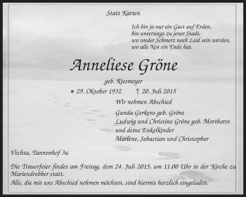 Todesanzeige von Anneliese Gröne von KRZ