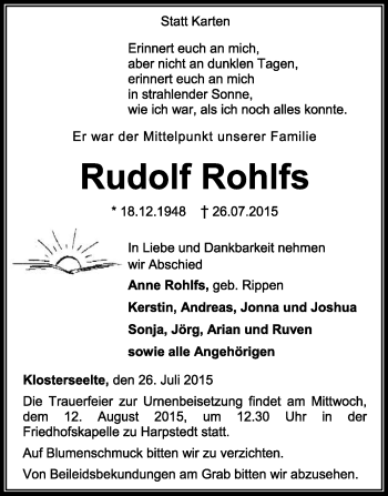 Todesanzeige von Rudolf Rohlfs von KRZ