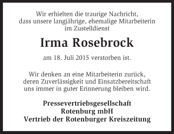 Todesanzeige von Irma Rosebrock von KRZ