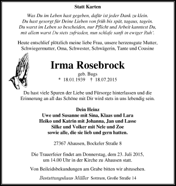 Todesanzeige von Irma Rosebrock von KRZ