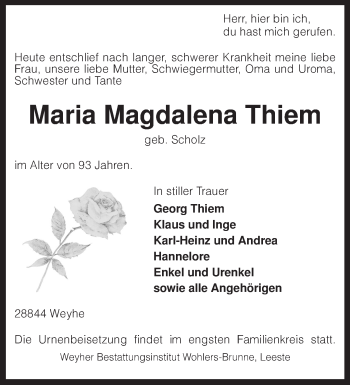 Todesanzeige von Maria Magdalena Thiem von KRZ