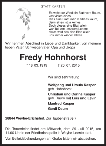 Todesanzeige von Fredy Hohnhorst von KRZ