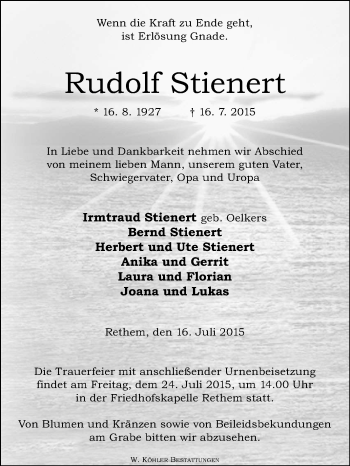 Todesanzeige von Rudolf Stienert von KRZ