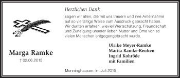 Todesanzeige von Marga Ramke von KRZ