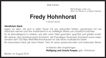 Todesanzeige von Fredy Hohnhorst von KRZ