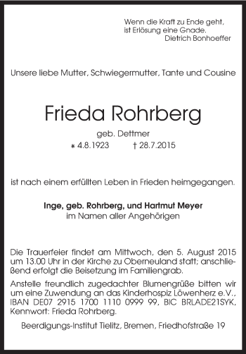 Todesanzeige von Frieda Rohrberg von KRZ