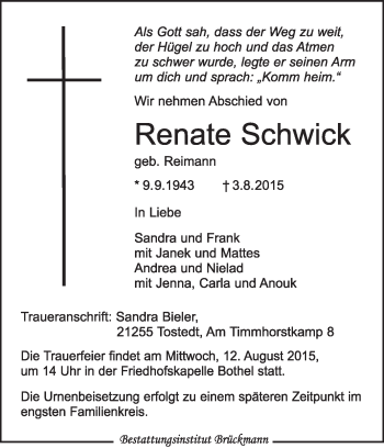 Todesanzeige von Renate Schwick von KRZ