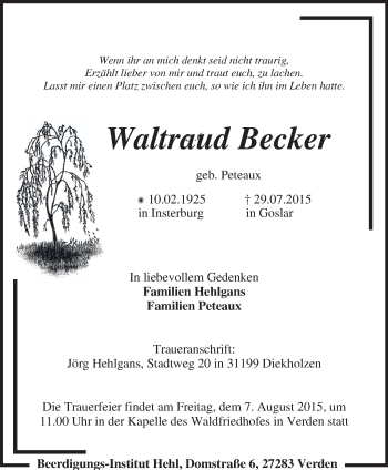 Todesanzeige von Waltraud Becker von KRZ