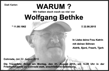 Todesanzeige von Wolfgang Bethke von KRZ