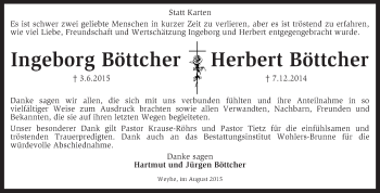 Todesanzeige von Ingeborg ud Herbert Böttcher von Kreiszeitung