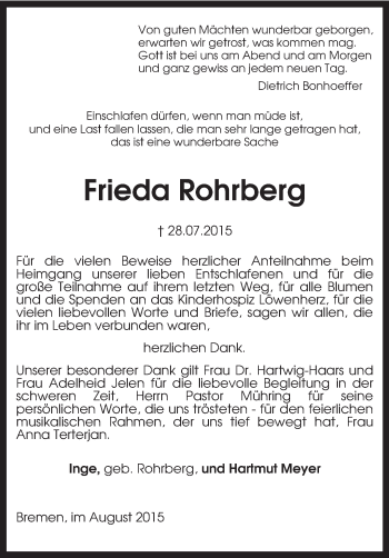 Todesanzeige von Frieda Rohrberg von KRZ