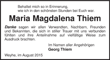 Todesanzeige von Maria Magdalena Thiem von KRZ