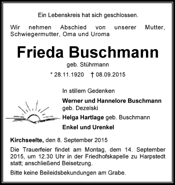 Todesanzeige von Frieda Buschmann von KRZ