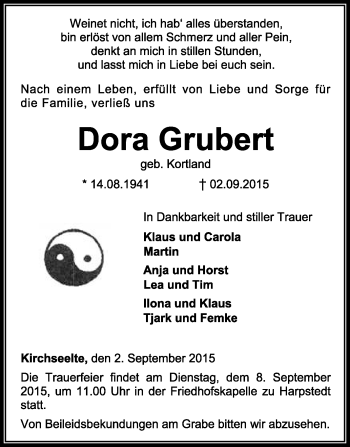 Todesanzeige von Dora Grubert von KRZ