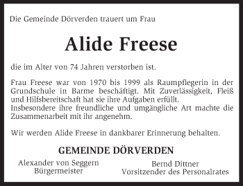 Todesanzeige von Alide Freese von KRZ