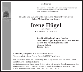 Todesanzeige von Irene Hügel von KRZ