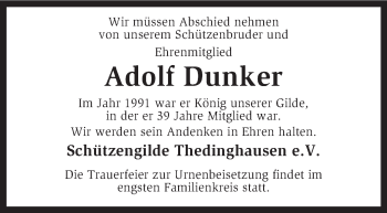Todesanzeige von Adolf Dunker von KRZ