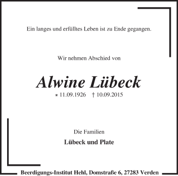 Todesanzeige von Alwine Lübeck von KRZ