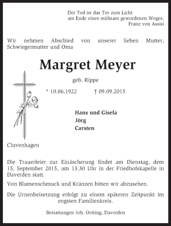 Todesanzeige von Margret Meyer von KRZ