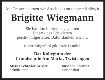 Todesanzeige von Brigitte Wiegmann von KRZ