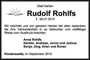 Todesanzeige von Rudolf Rohlfs von KRZ