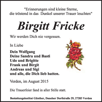 Todesanzeige von Birgitt Fricke von KRZ