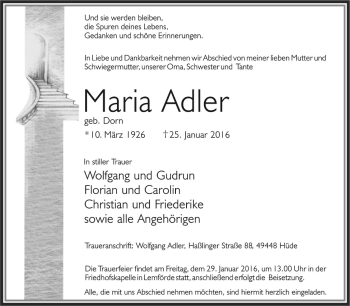 Todesanzeige von Maria Adler von KRZ
